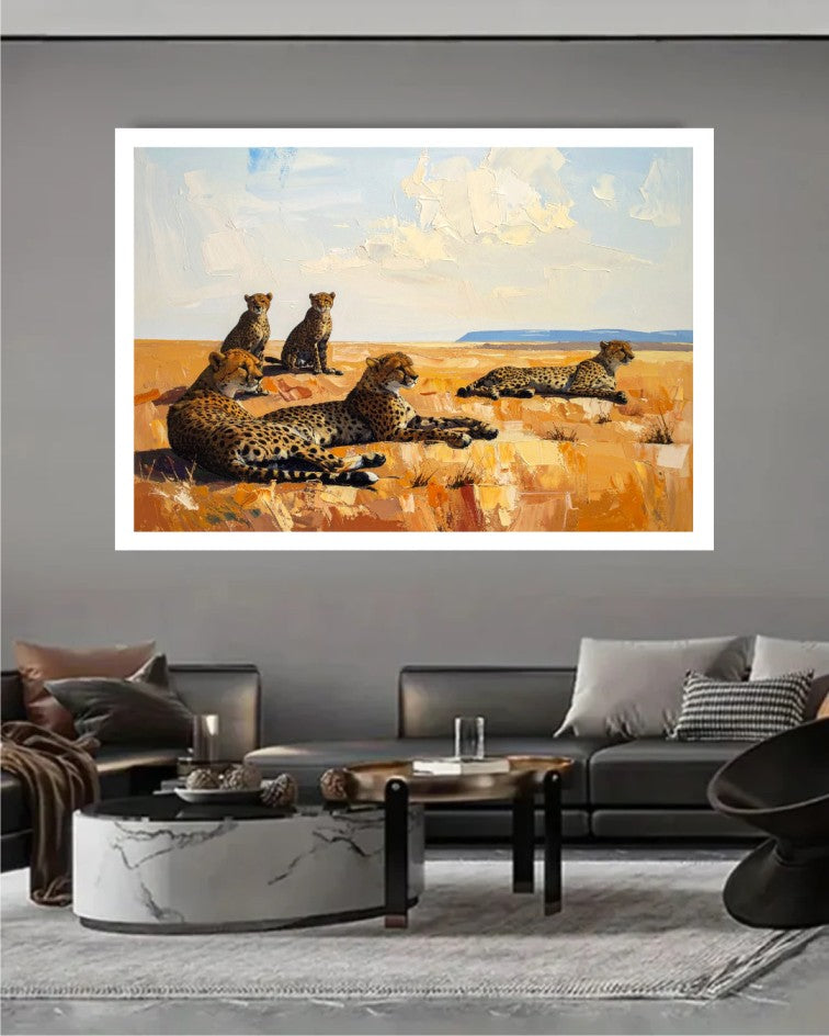 Framed desert landscape canvas painting displayed in a contemporary office with modern furniture.