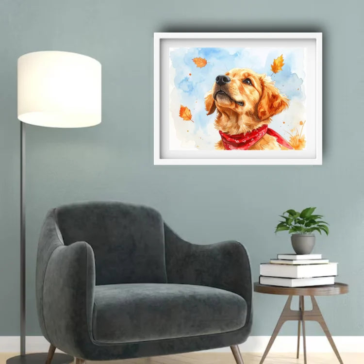 Framed artwork of a dog with a red bandana in a living room setting.
