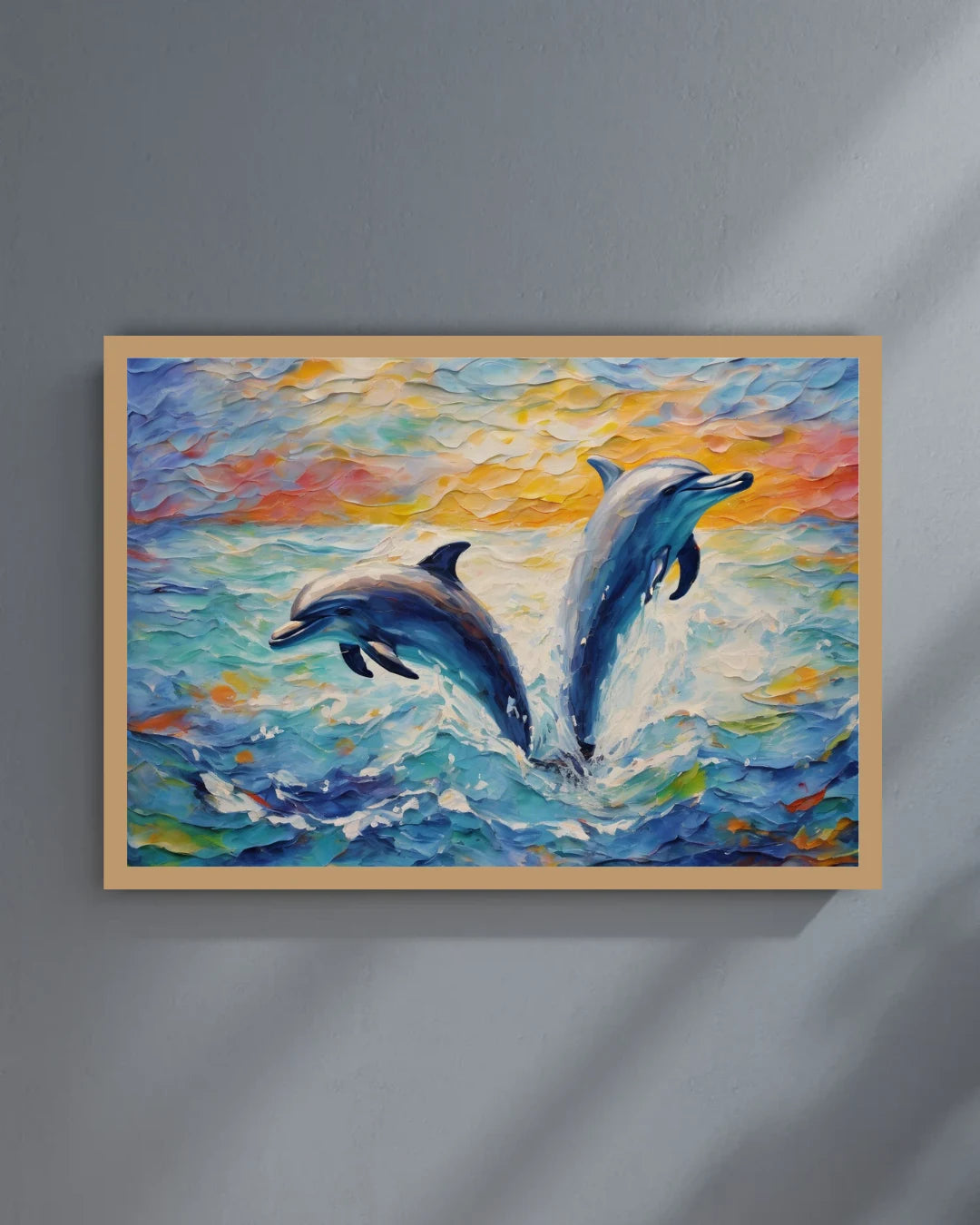 Framed painting of two dolphins leaping in water with a colorful background on a gray wall.