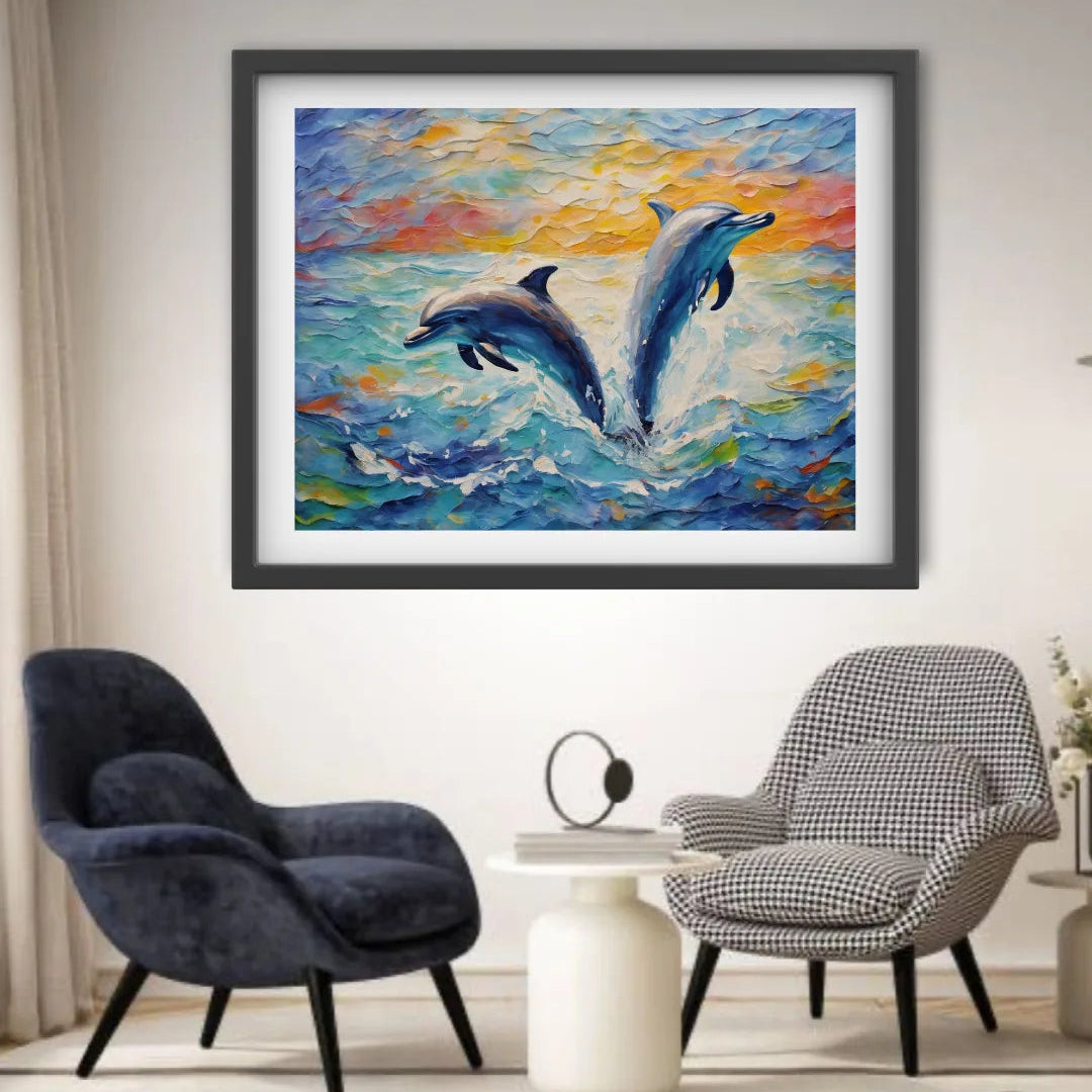 Framed painting of dolphins in a modern living room with two chairs.