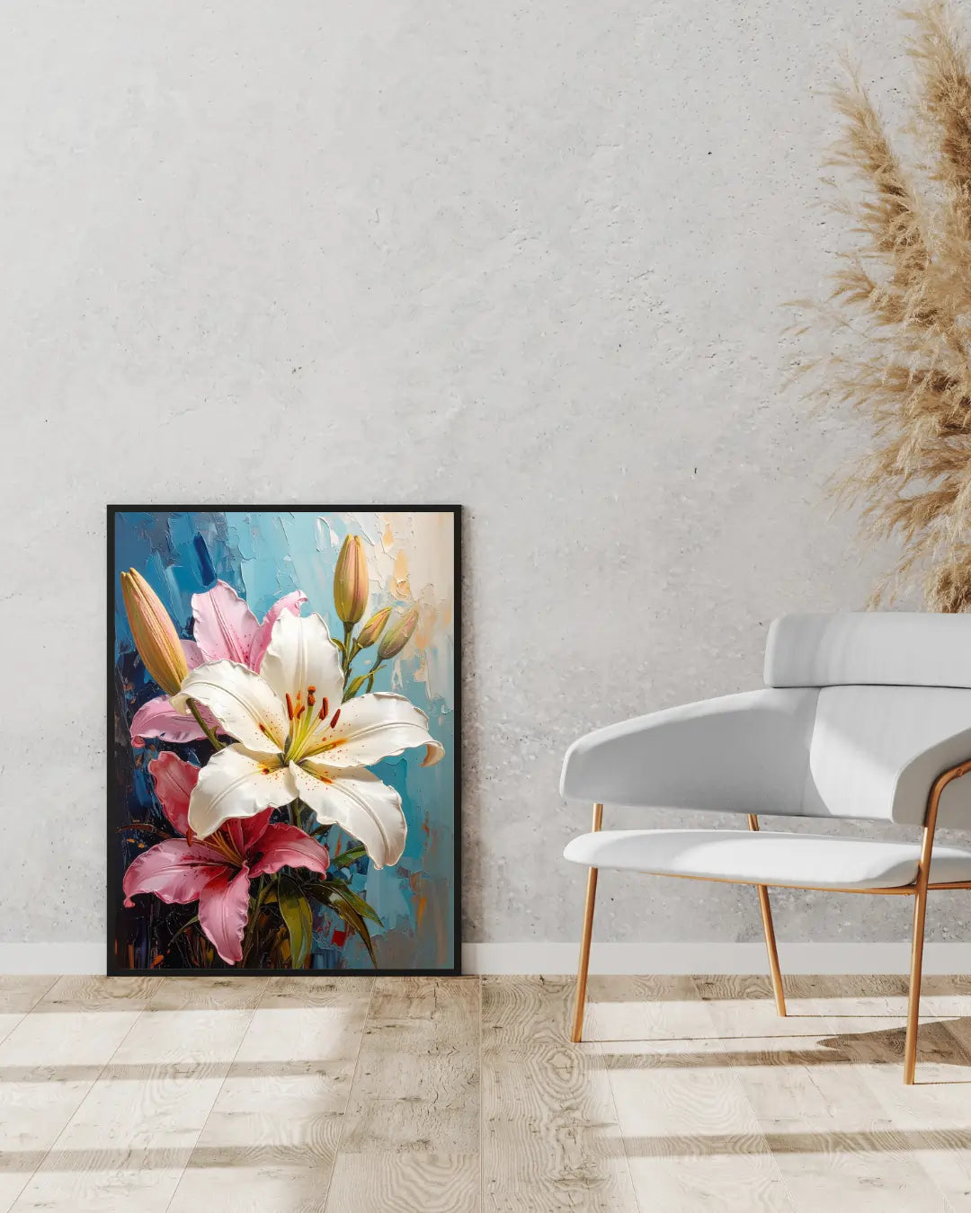 Elegant floral wall art canvas displayed in a minimalist interior with chair and decor