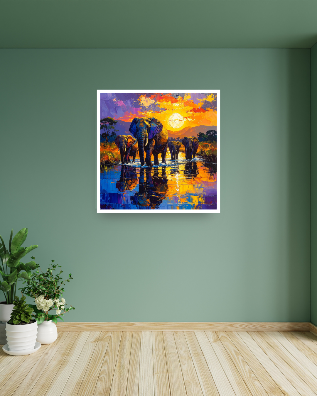 Elephant canvas painting with nature sunset theme for wall decor