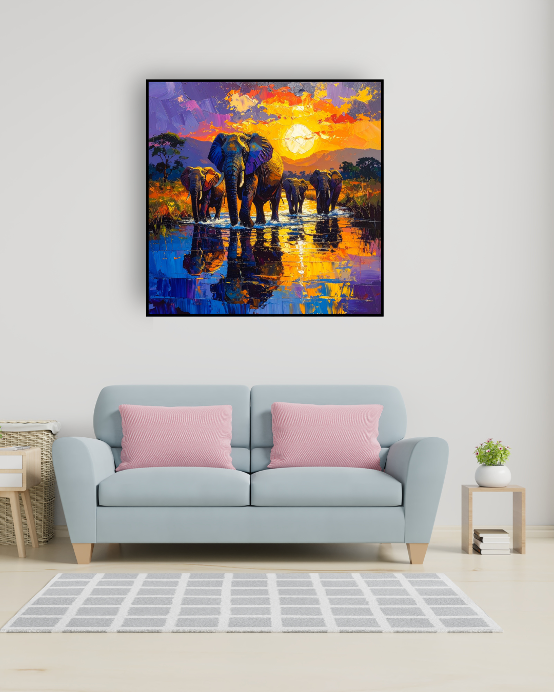 Elephant wall art canvas painting displayed in modern home interior