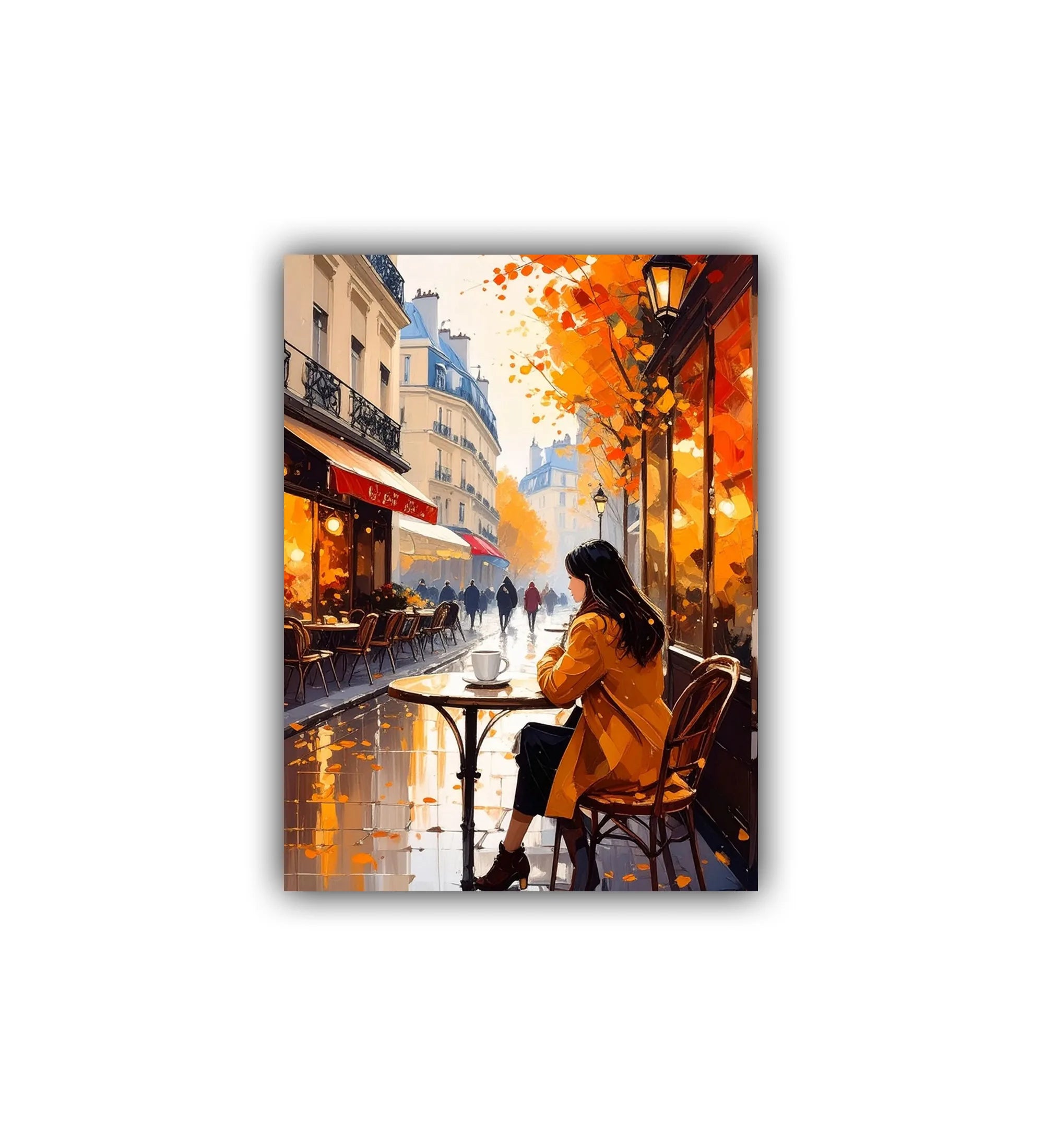 close-up of European street café wall art canvas with autumn tones