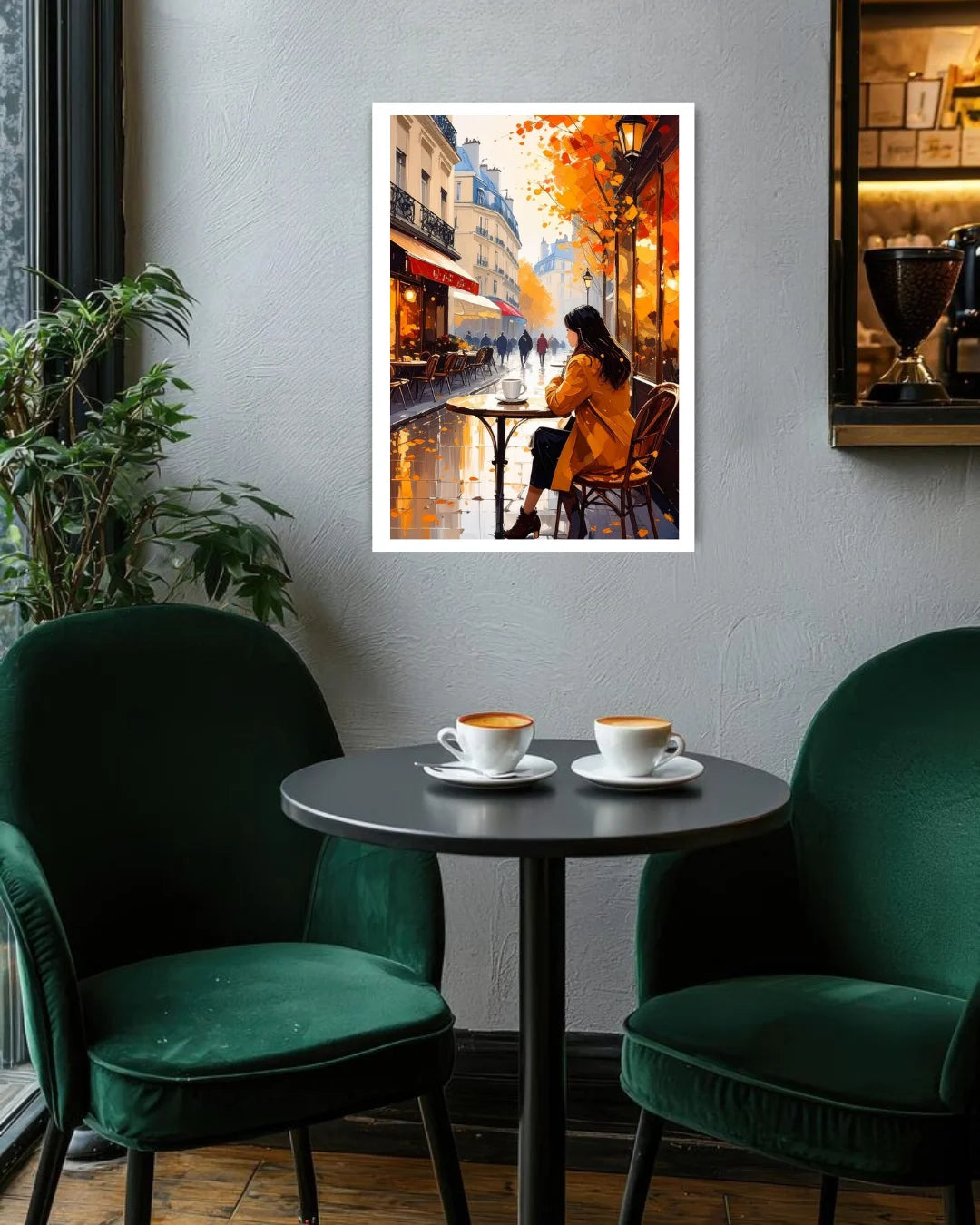 European café street wall art canvas displayed in dining area setup