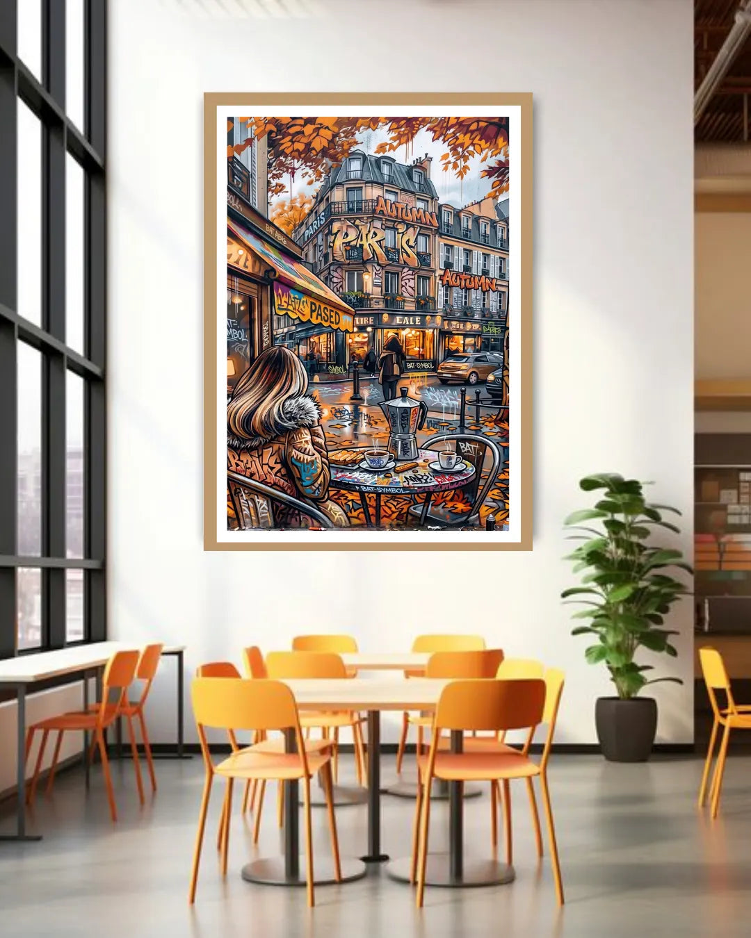 European street café wall art canvas displayed in modern dining area