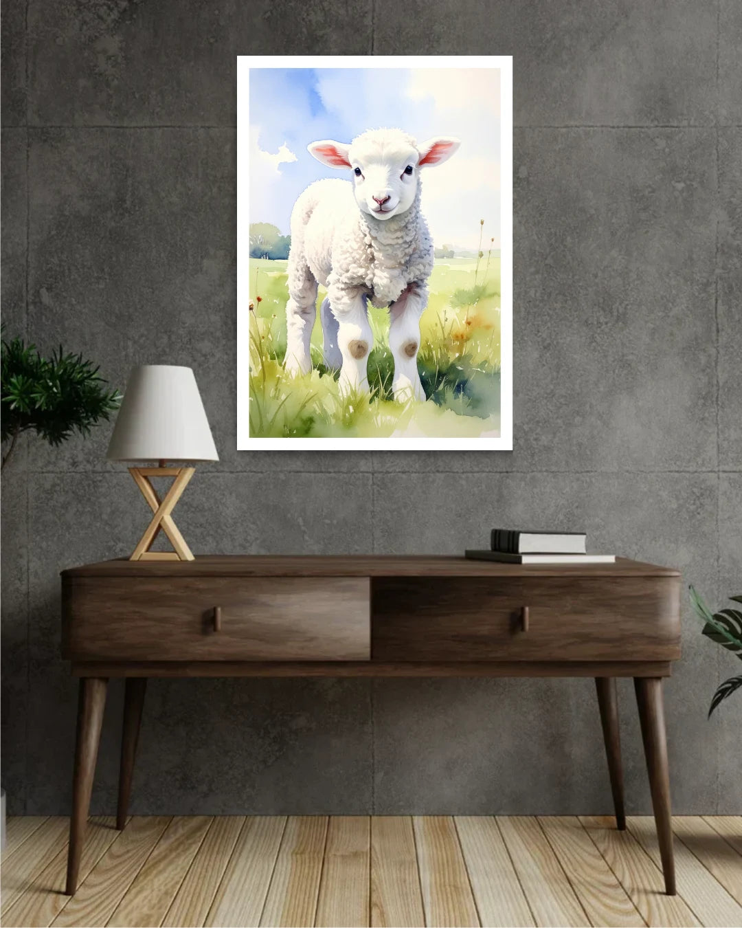 Cute Baby Lamb Canvas Wall Art Displayed Above Wooden Desk