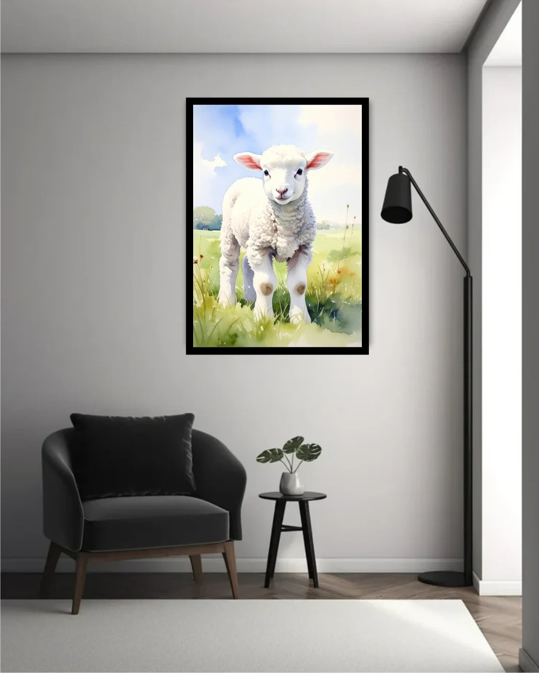 Framed Baby Lamb Canvas Painting in Modern Living Room Interior