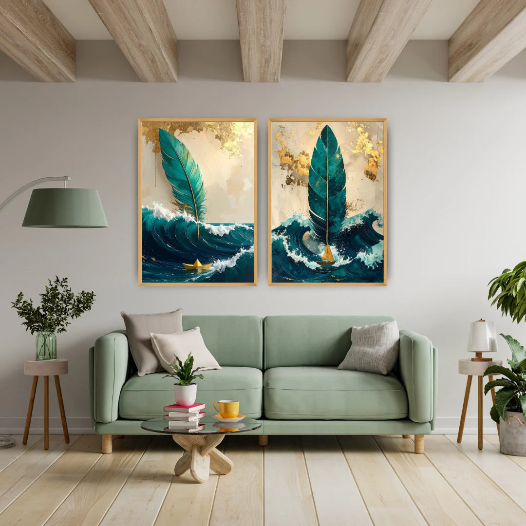 Feather ocean canvas wall art set of 2 displayed in modern living room