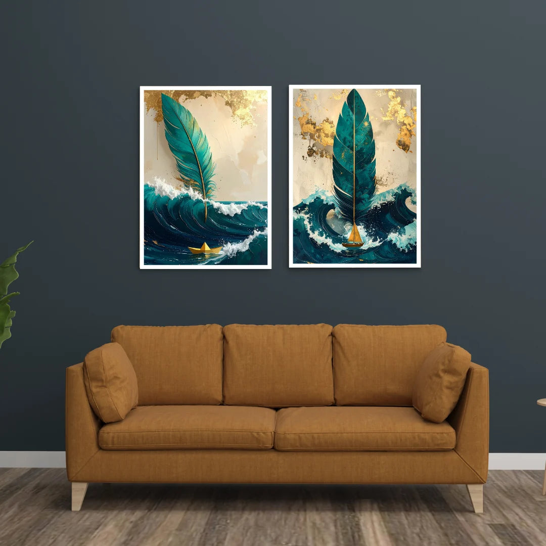 Feather ocean canvas wall art set of 2 abstract painting