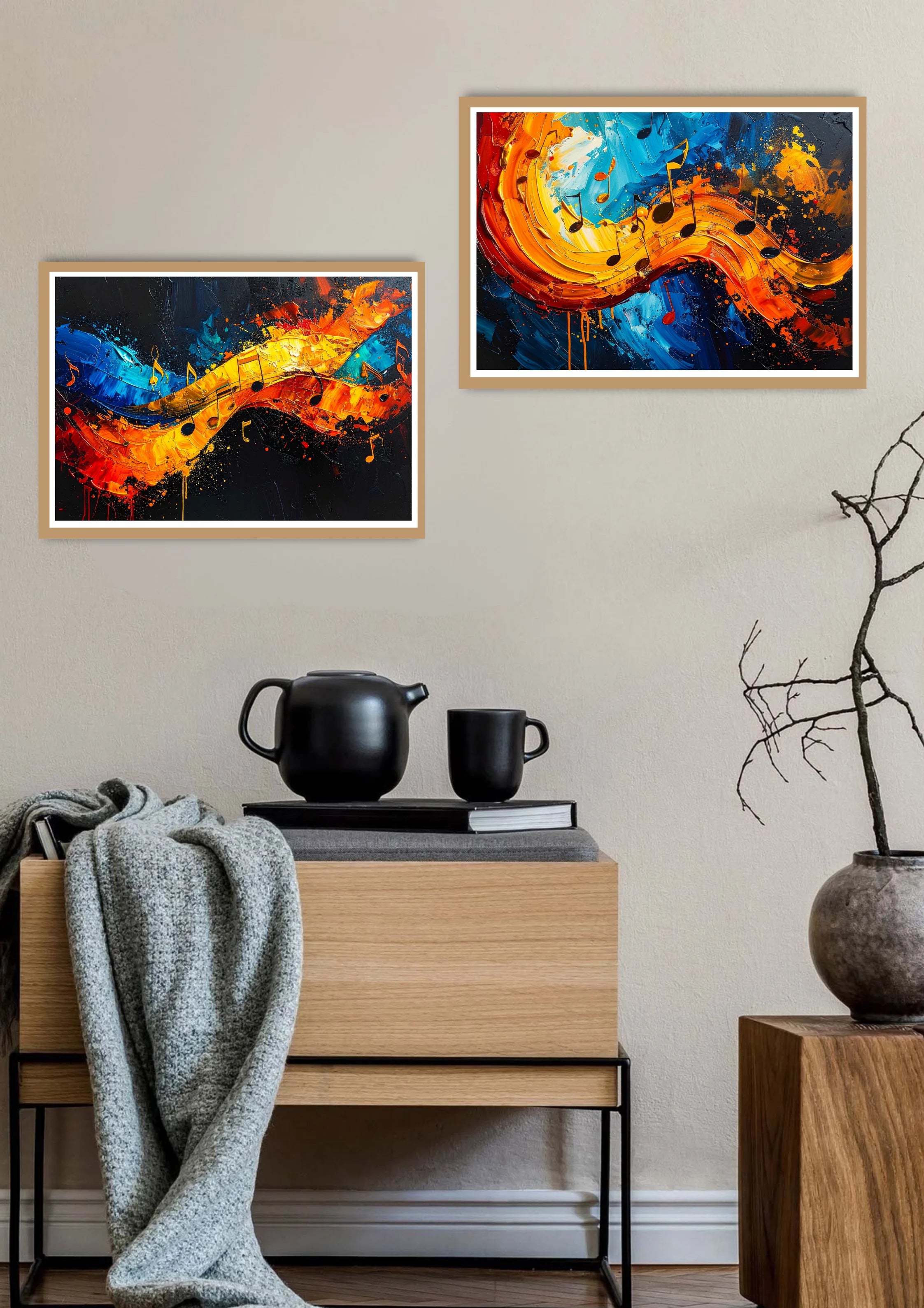 Abstract musical wall art featuring vibrant rhythmic sound waves