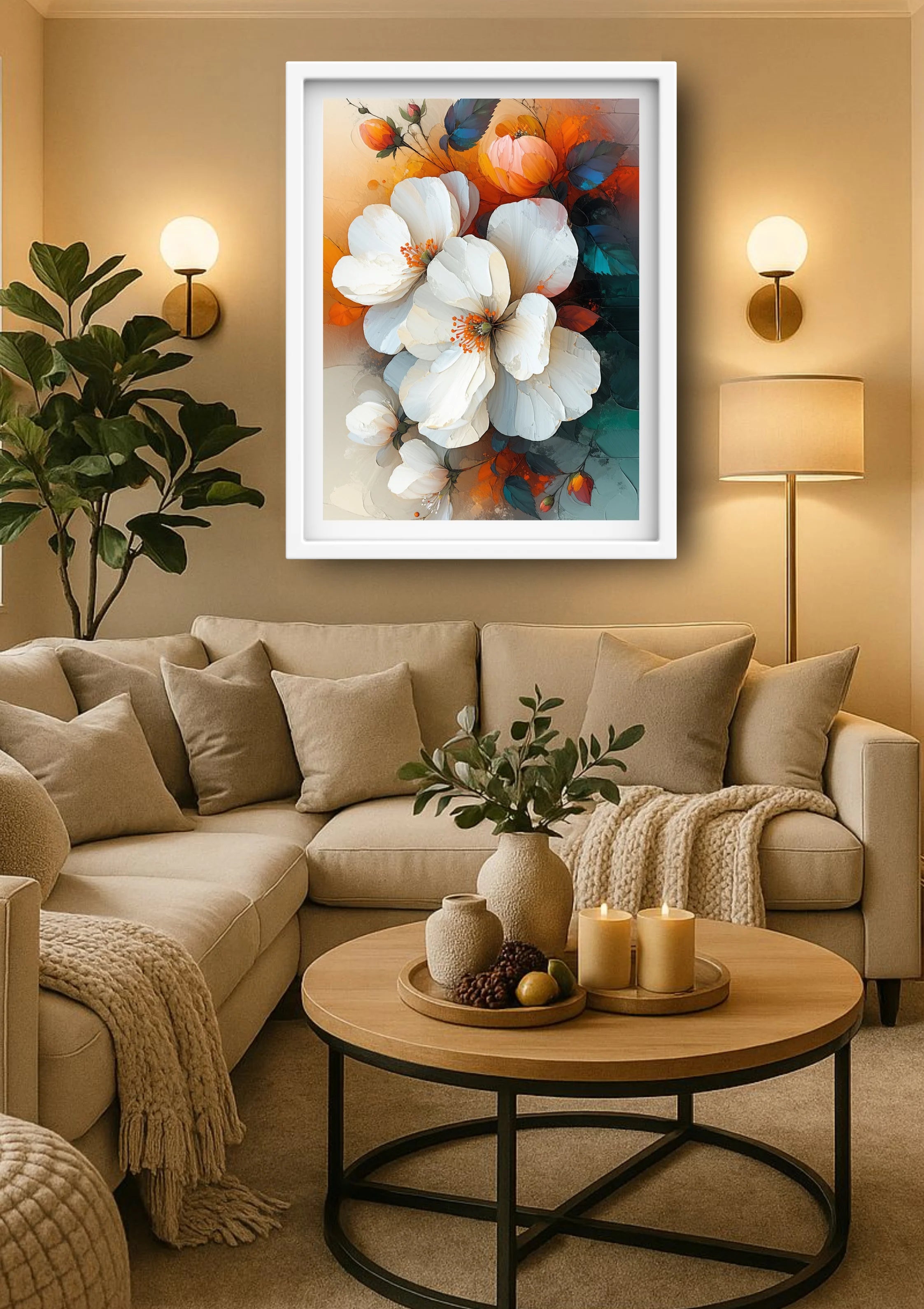 Floral canvas wall art for elegant living room decor