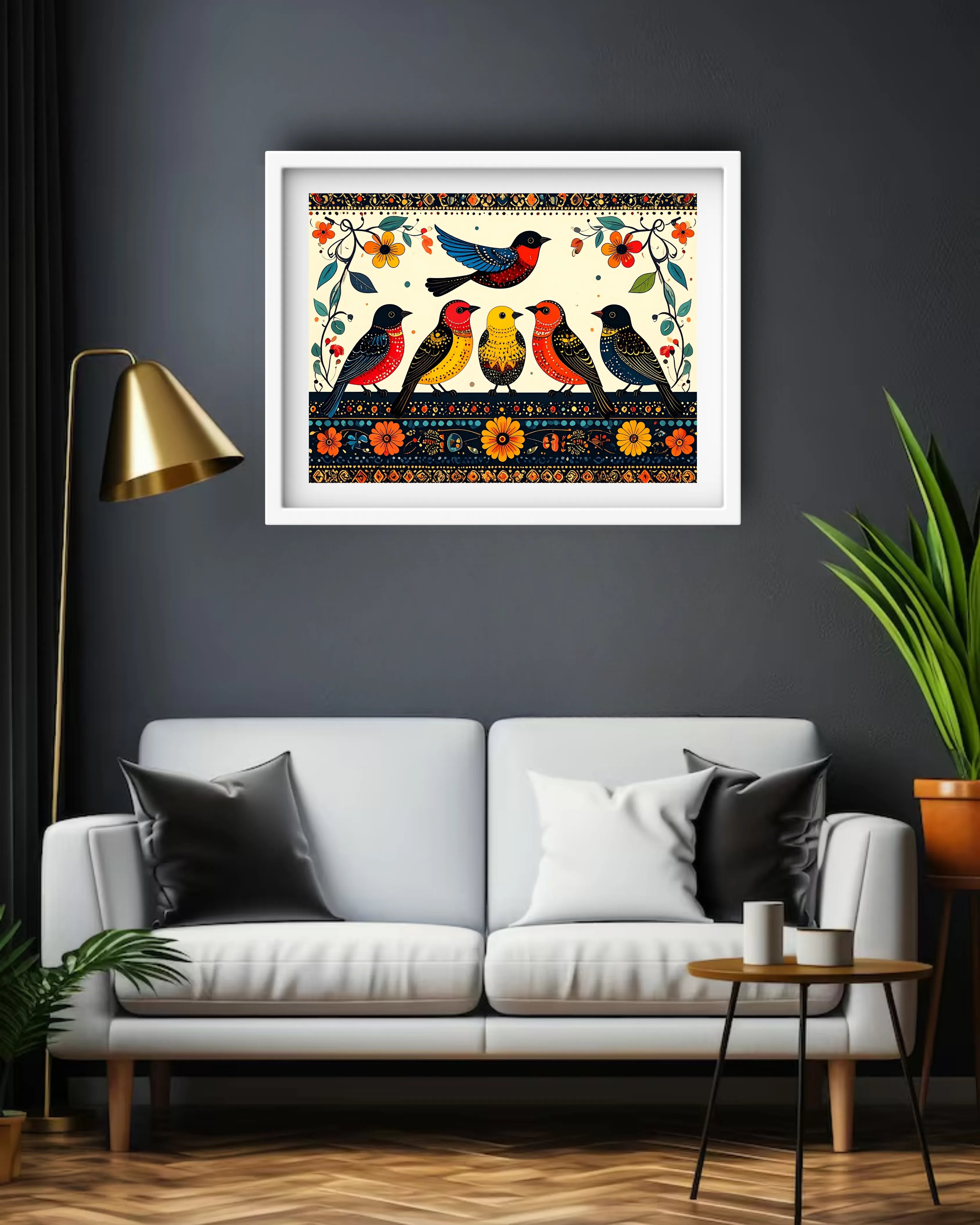 indian folk bird wall art placed in bedroom with aesthetic interior