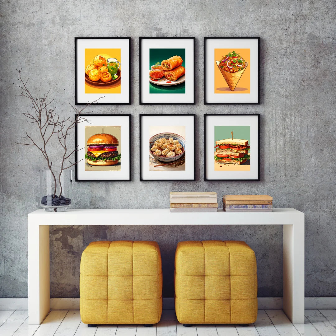 Food wall art canvas multi frame set with burger and fast food designs