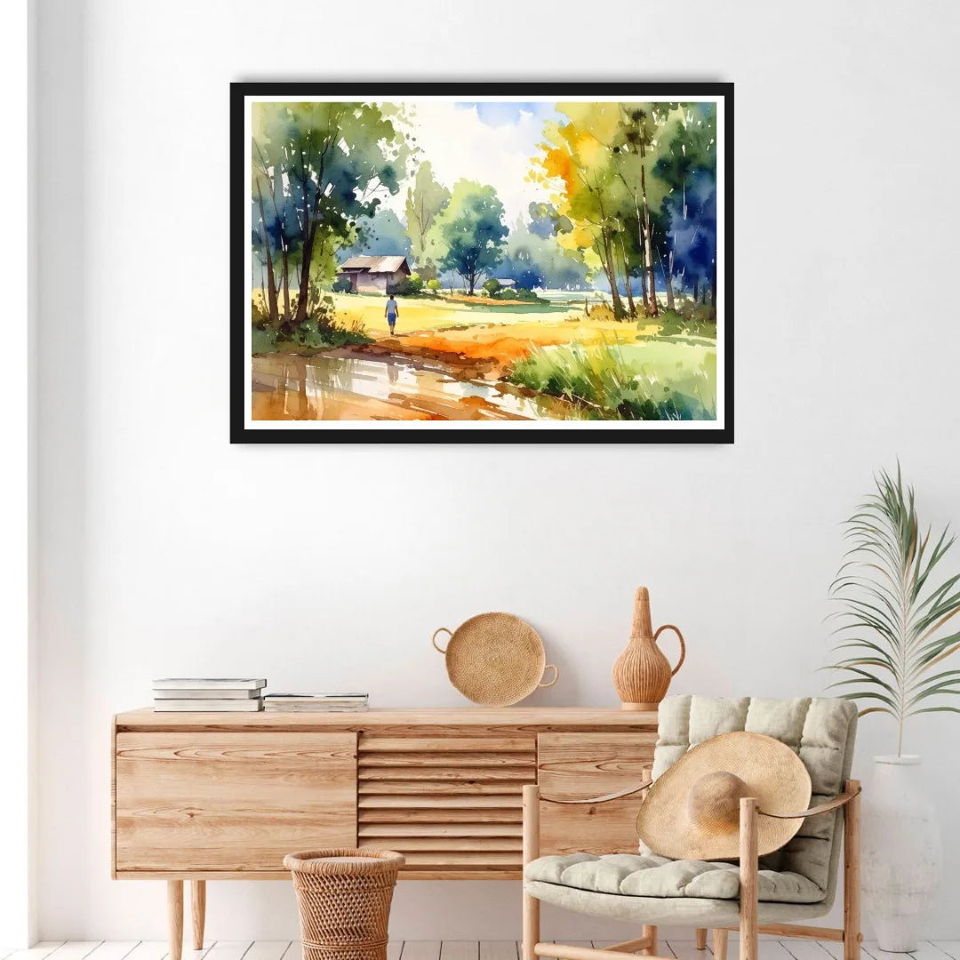 Framed landscape painting above a wooden console table with decorative items.