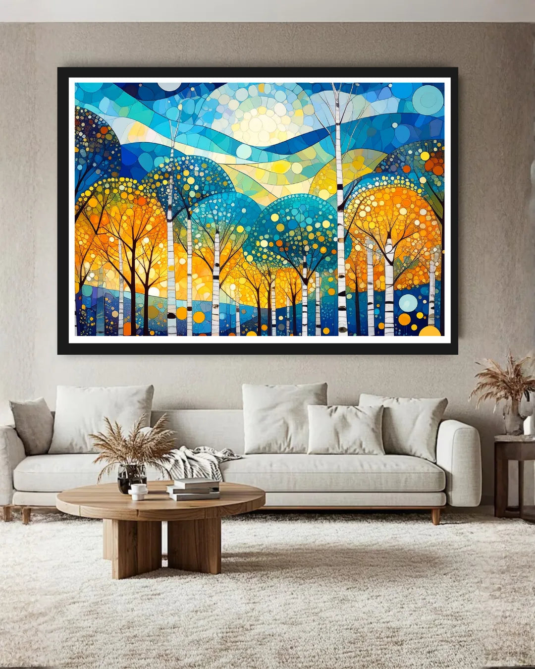 Colorful abstract forest painting on a wall above a sofa in a living room.