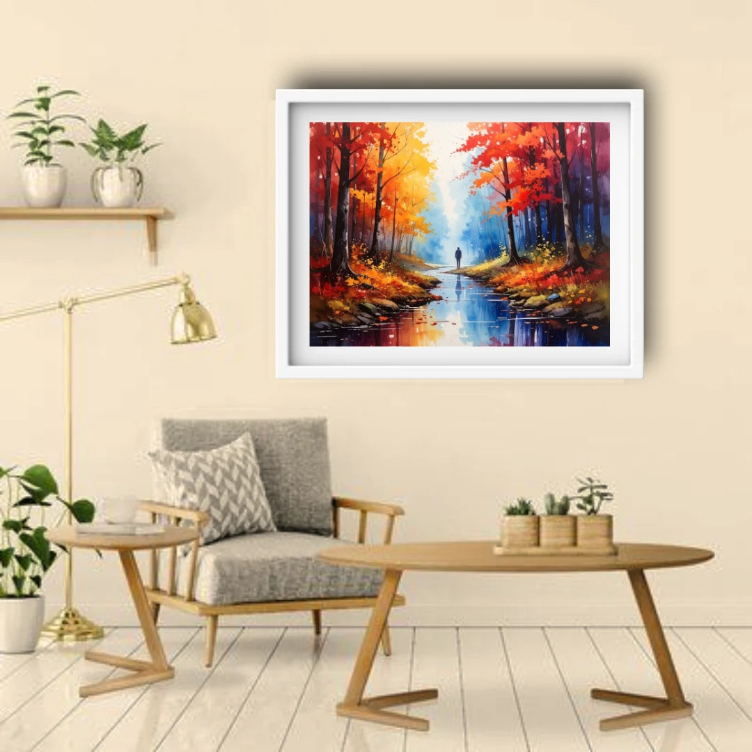 Framed painting of a forest scene above a living room setup with a sofa and coffee table.