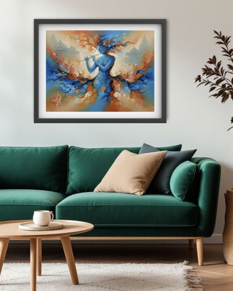 A framed abstract painting featuring a blue figure with orange and beige brushstrokes, displayed on a light gray wall above a green sofa in a modern living room setting.
