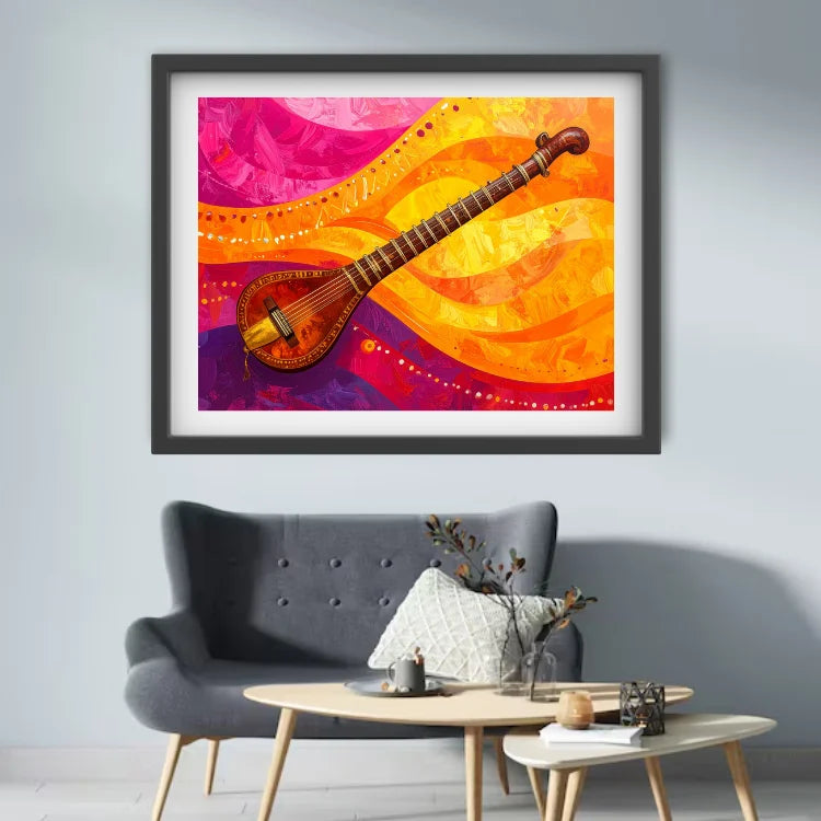 A framed colorful wall art print featuring a stylized stringed instrument over flowing pink, orange, yellow, and purple waves, displayed above a gray armchair in a modern living room setting.