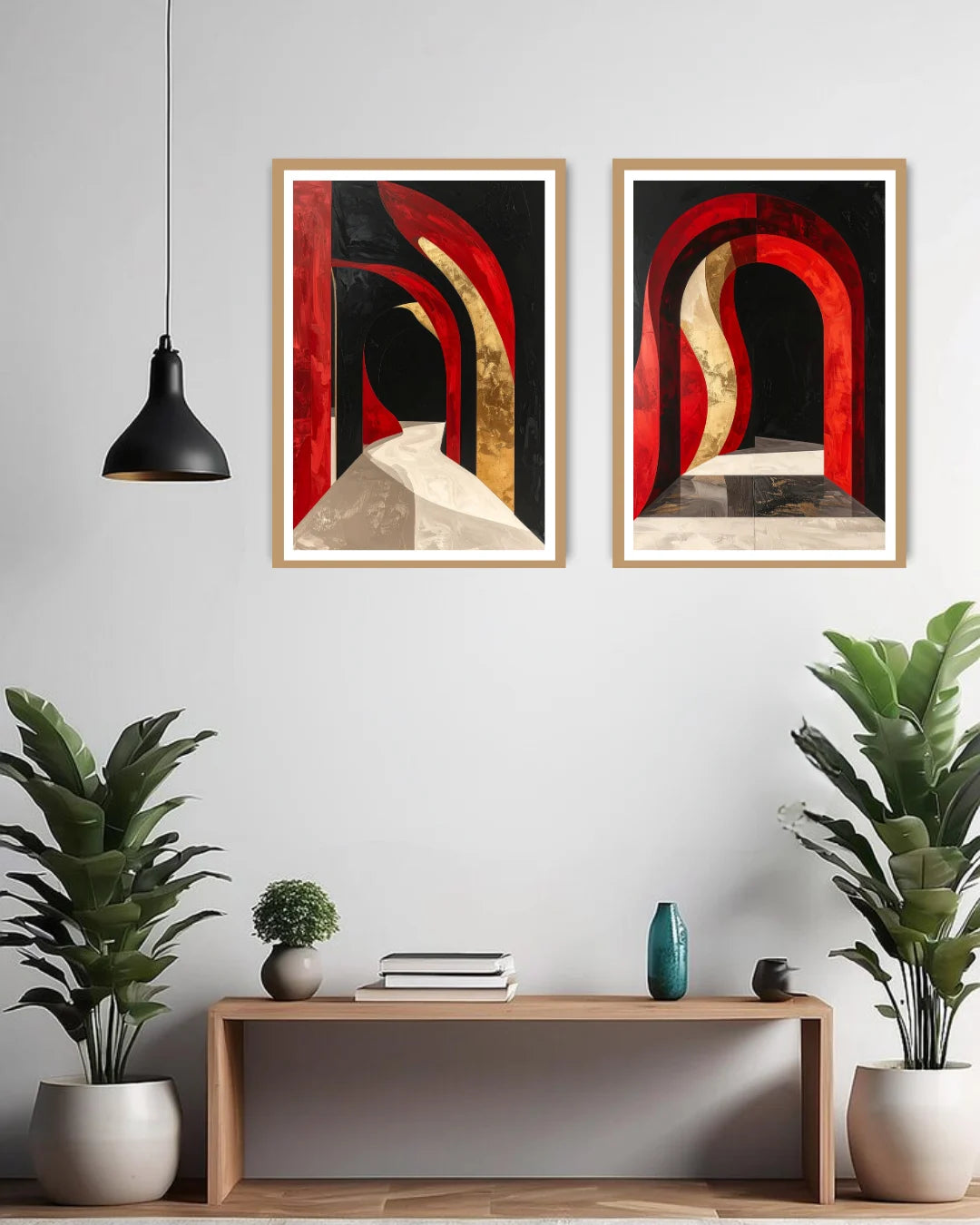 modern geometric arch wall art above console table in home interior