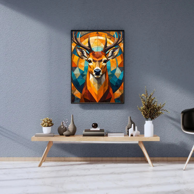 Geometric deer wall art canvas painting with abstract design for living room decor