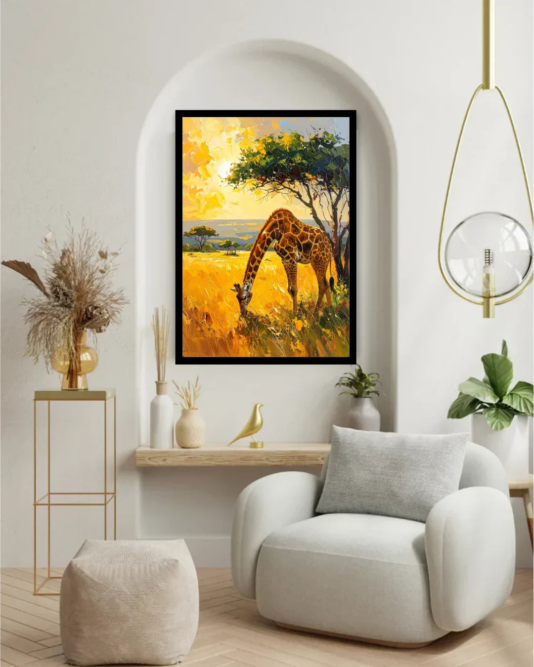 Living room with a giraffe painting on the wall, modern chair, and decorative items.