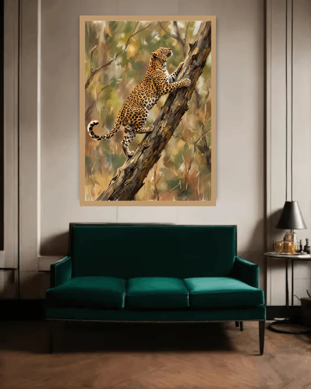 Luxury golden cheetah canvas wall art showcased above a green sofa in a modern living room