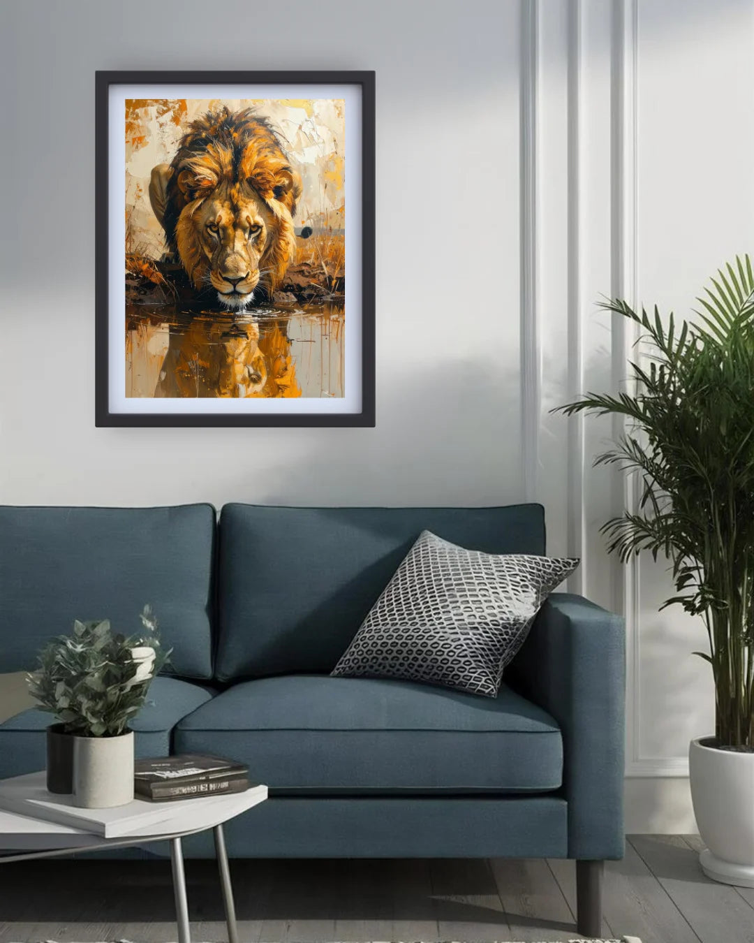 Luxury Golden Lion Canvas Wall Art Displayed Above Blue Sofa in Modern Living Room