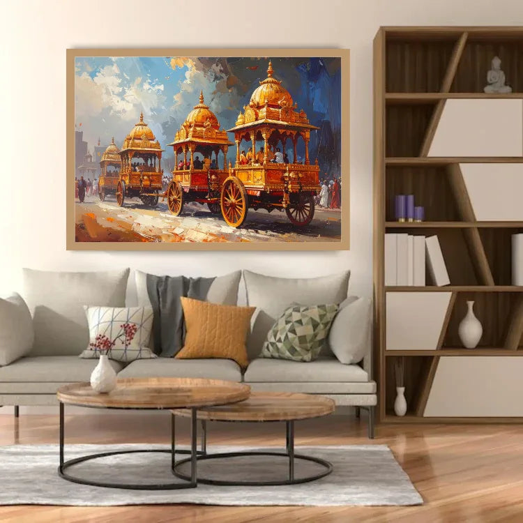 A framed painting of ornate golden chariots in a street scene, displayed on a light gray sofa in a modern living room with a wooden coffee table, bookshelf, and decorative pillows.