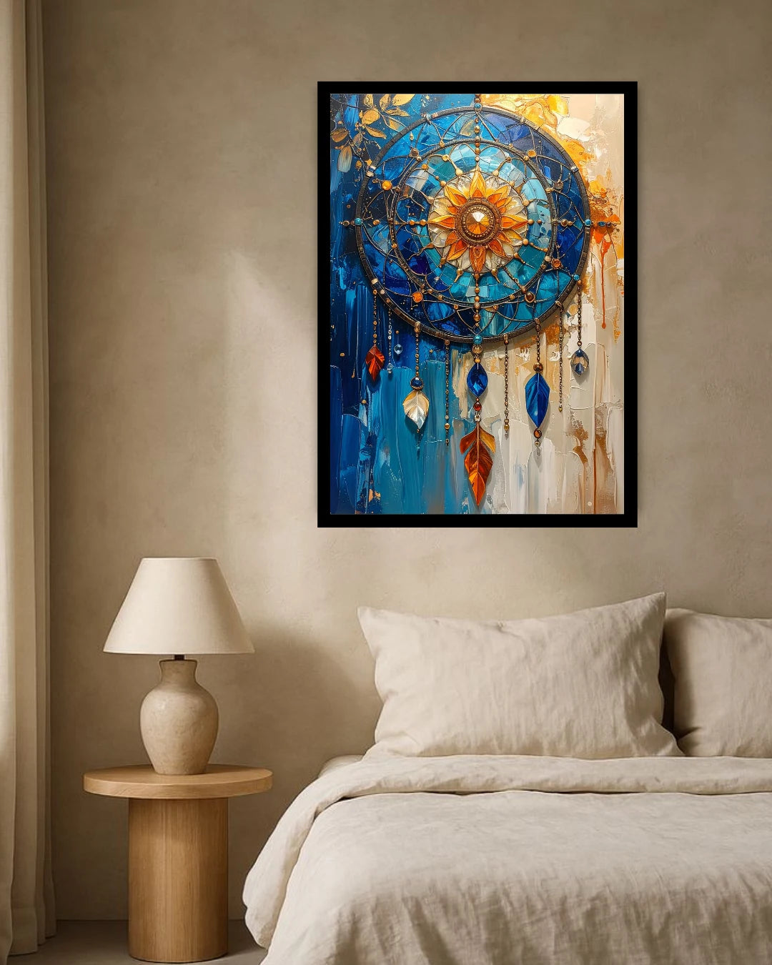 A framed abstract dreamcatcher-style wall art print hangs above a bed in a softly lit bedroom. The artwork features a circular web motif with blue, gold, orange, and white tones, and dangling jewel-like shapes.