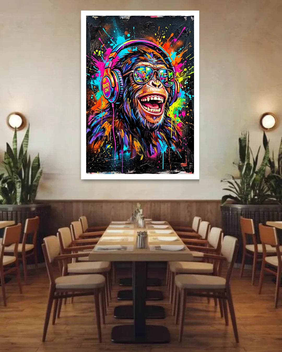 Dining area with a colorful monkey wearing headphones painting on the wall.
