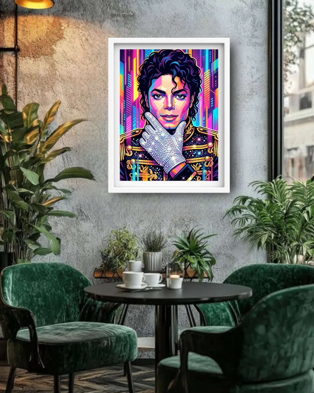 colorful graffiti portrait canvas displayed in contemporary living space