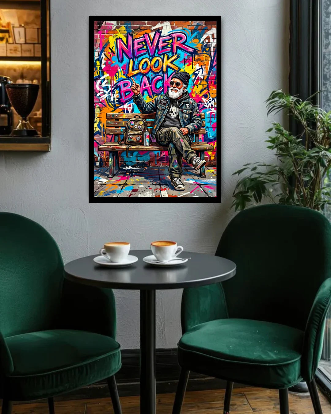 Colorful poster with a stylized character and &