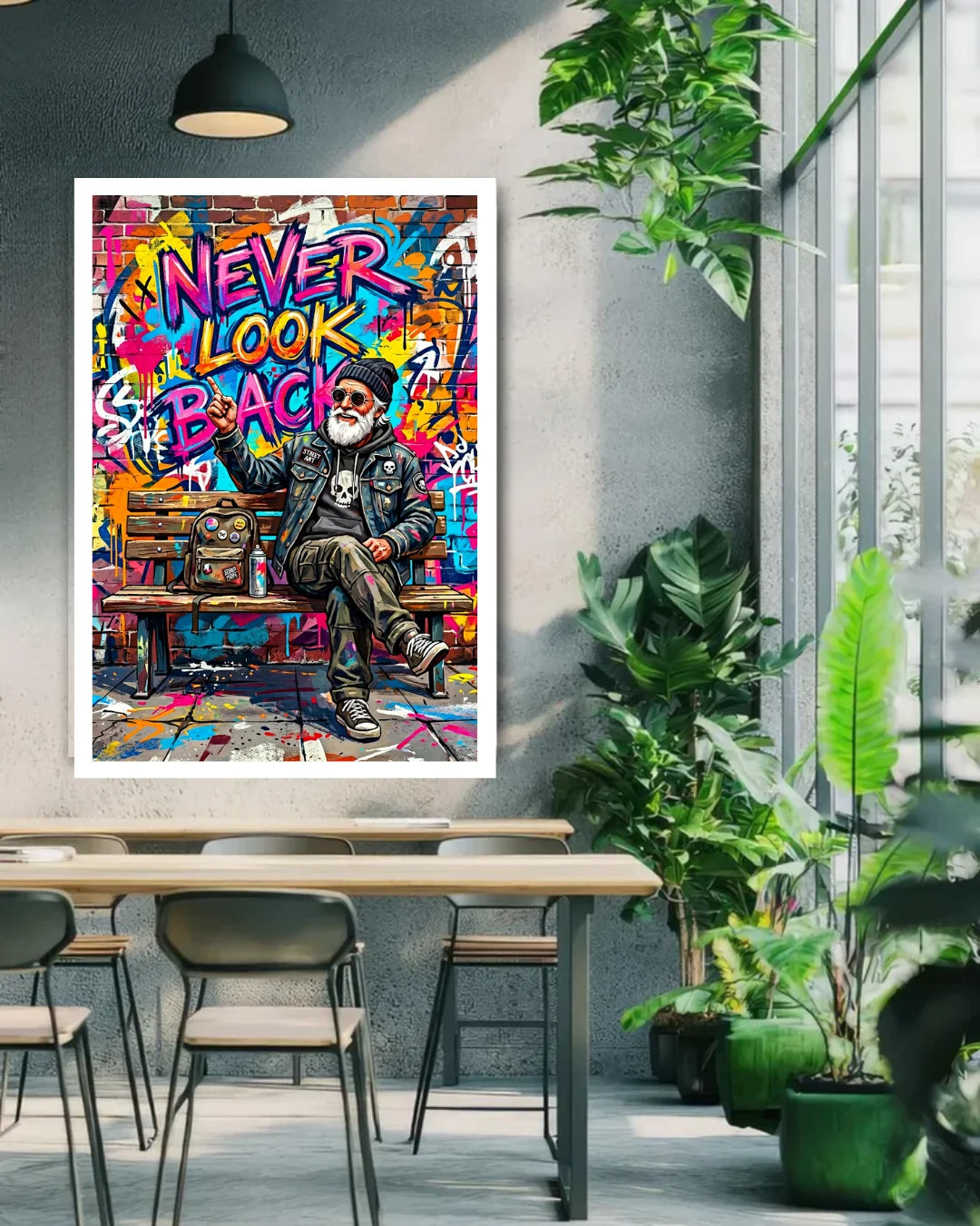 Colorful poster with a man sitting on a bench and &