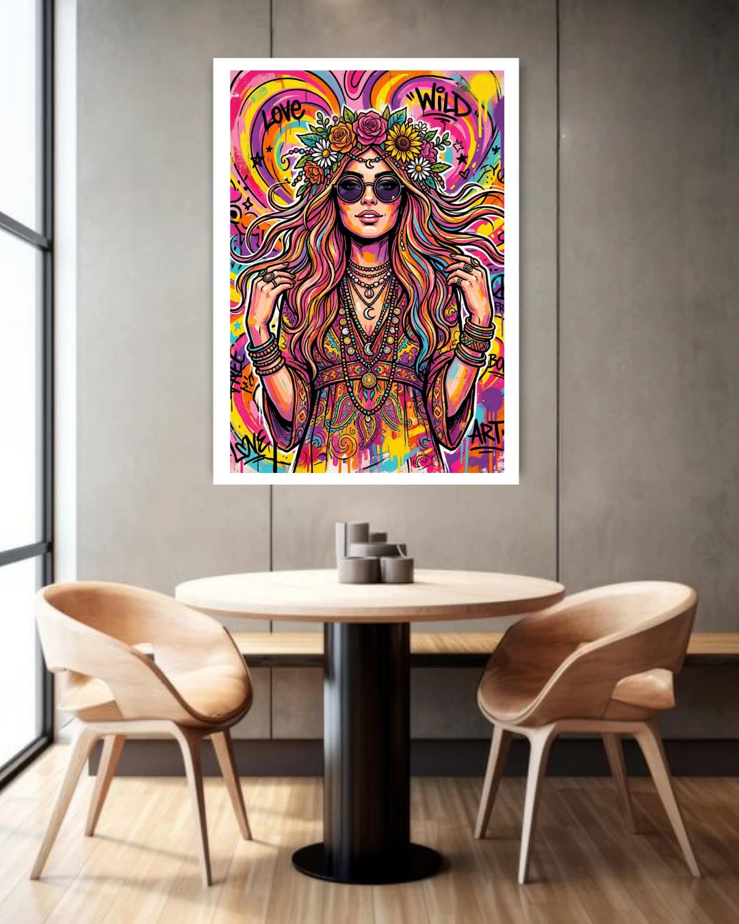 colorful graffiti woman wall art canvas in dining room decor