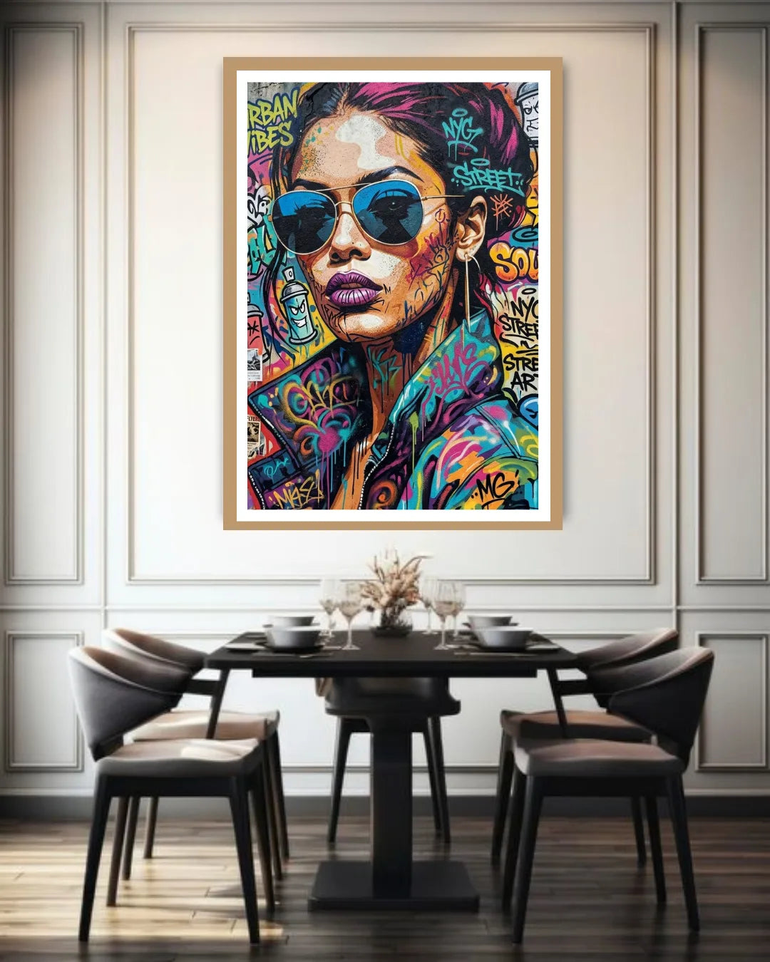 Colorful artwork of a woman with sunglasses on a wall above a dining table.