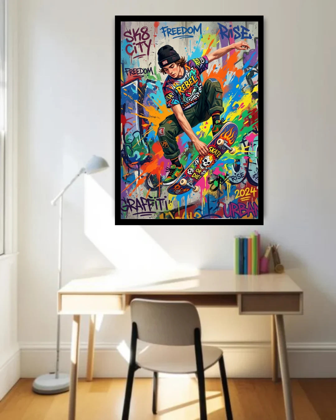 Colorful poster of a skateboarder with &