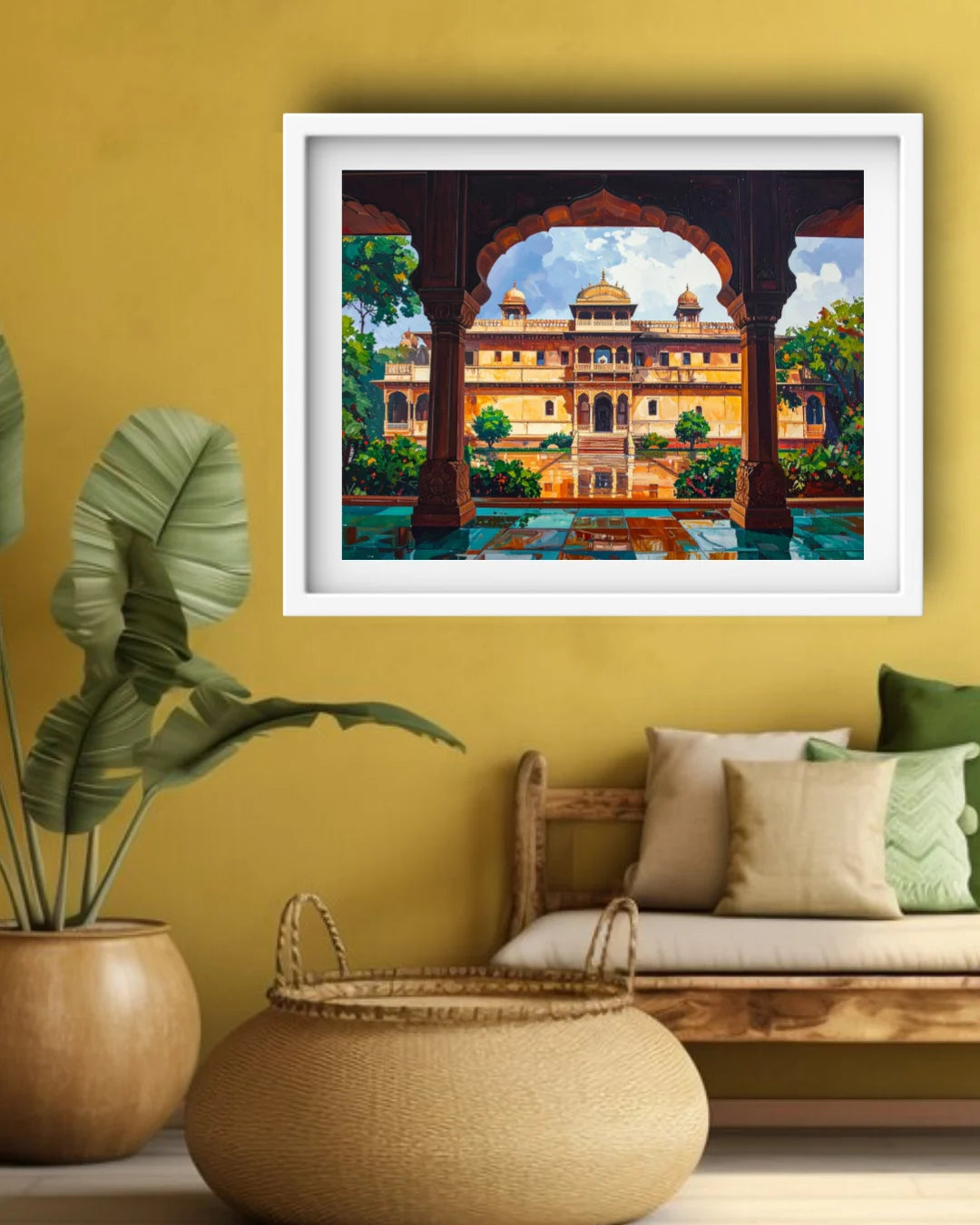 A framed art print depicting a traditional Indian palace courtyard under an archway, styled in a warm yellow living room setting above a wooden bench with cushions.