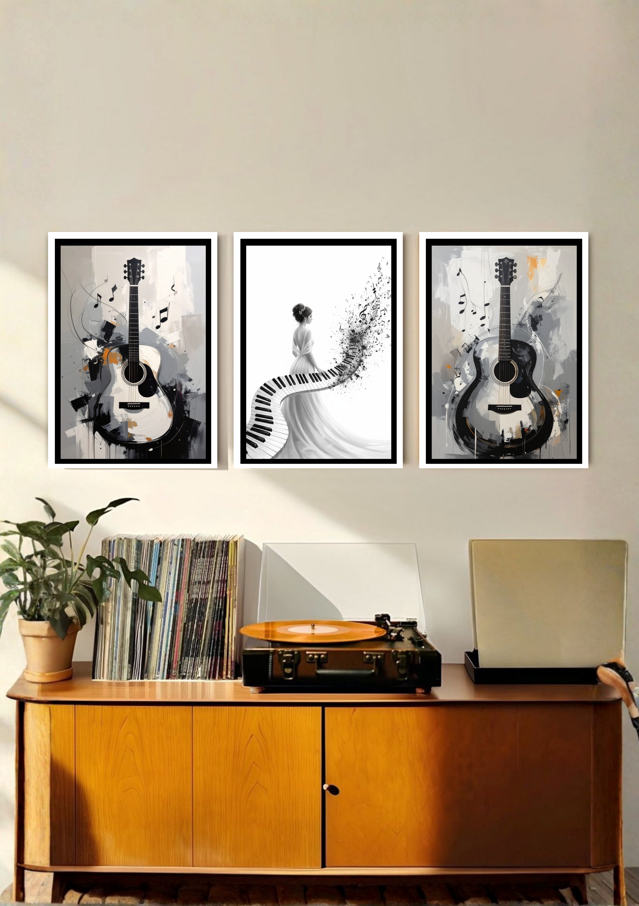 Black white guitar wall art canvas for modern home decor
