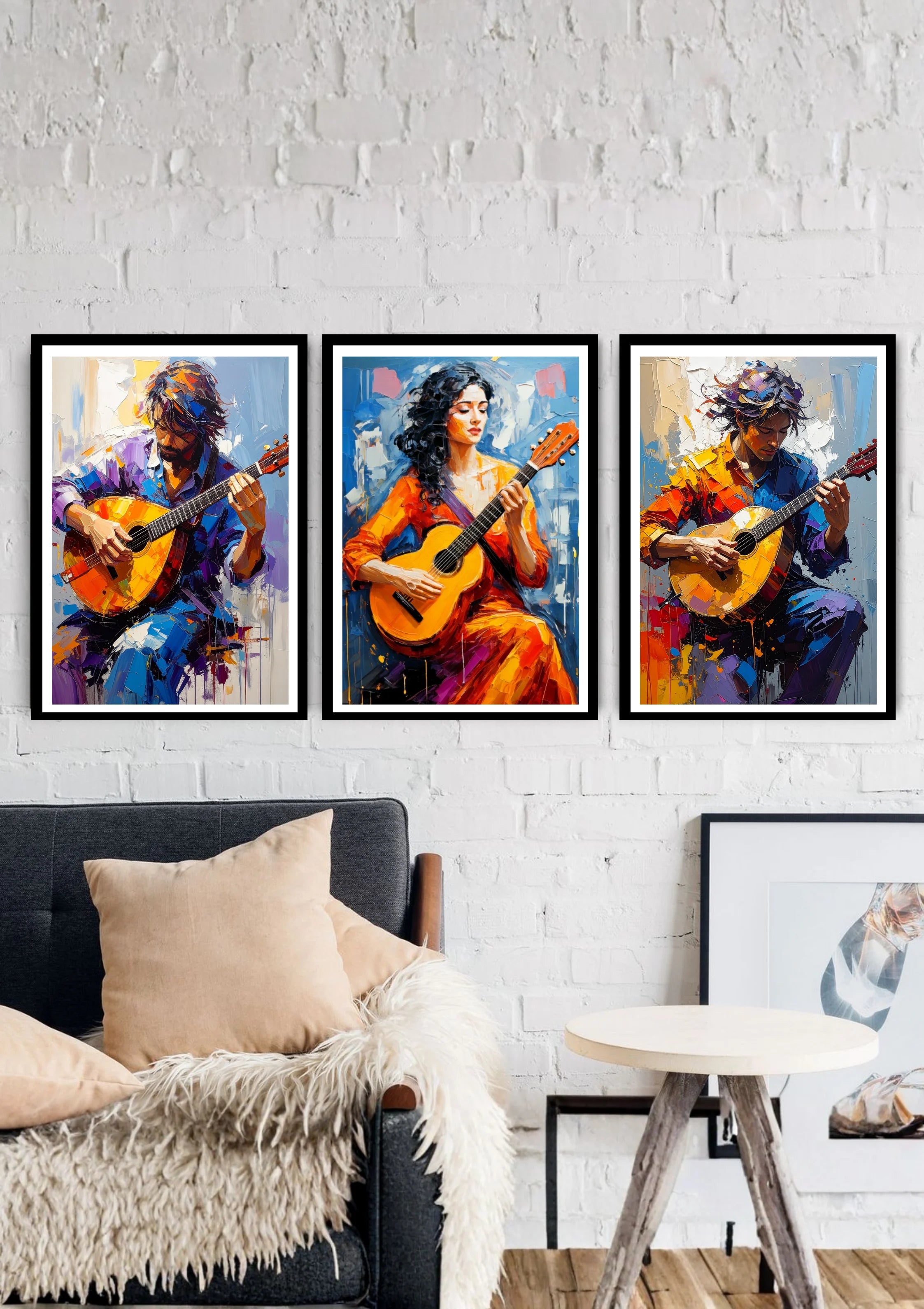 Musical style painting with three expressive guitars in bold colors