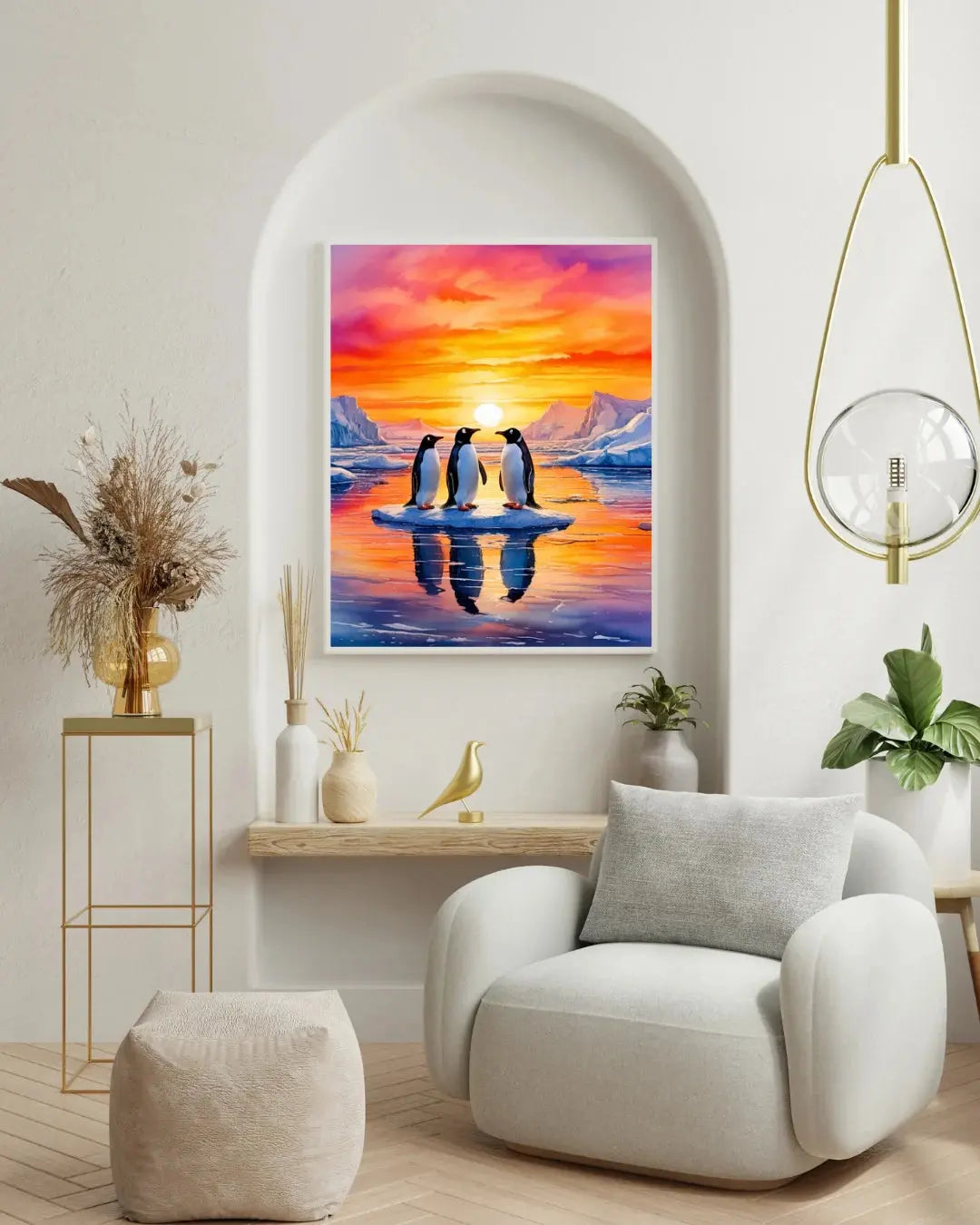 Penguin Reflections at Sunset – Wall Art Canvas WallArtVibes