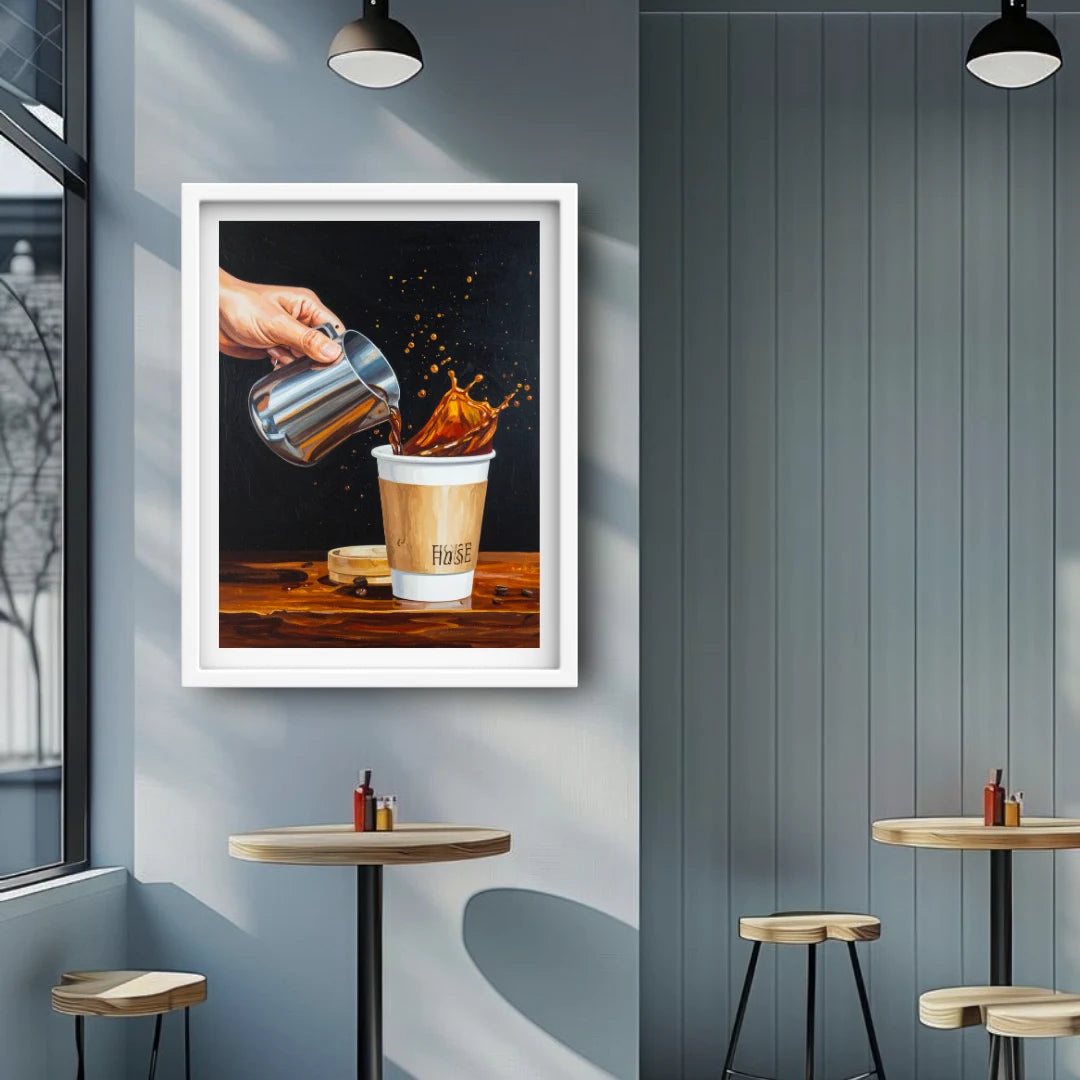 Framed artwork of a hand pouring coffee into a cup on a wall in a modern cafe setting.