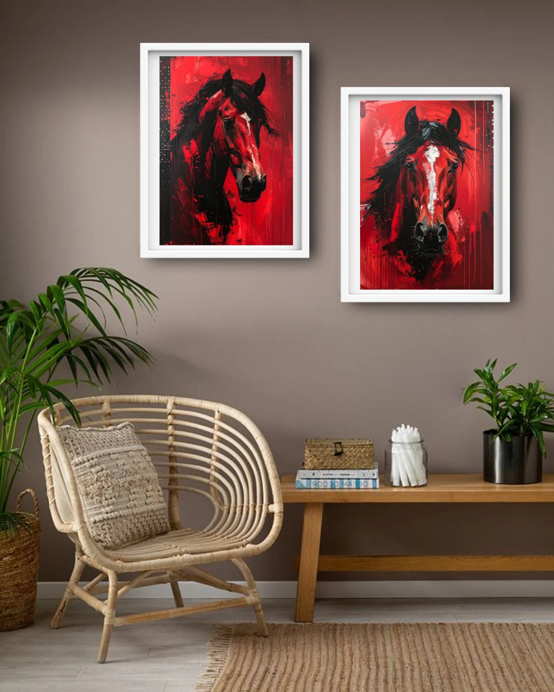 Two framed horse paintings on a wall above a chair and table.