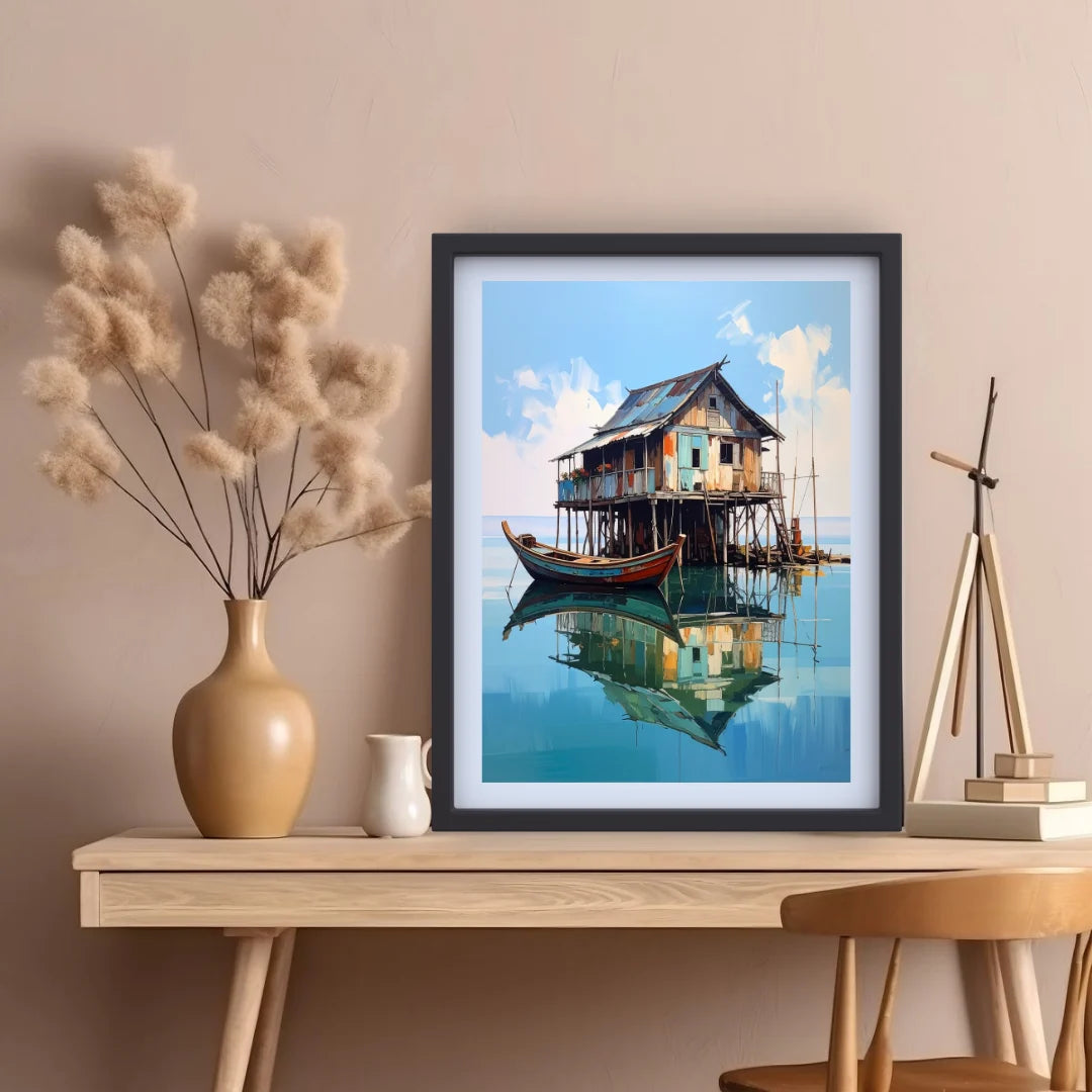 Framed artwork of a houseboat on water with decorative items on a table.