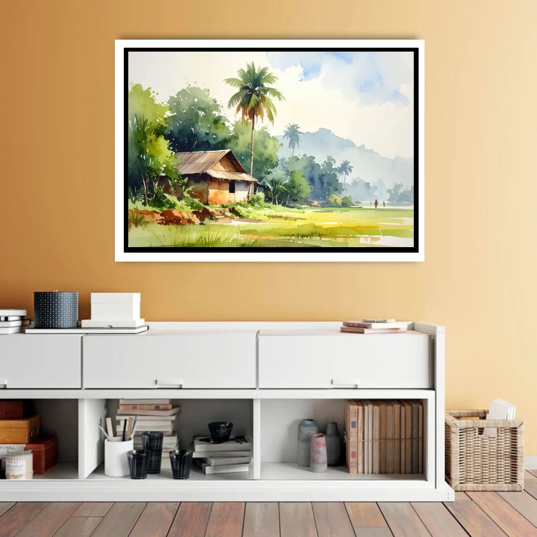 Framed landscape painting of a hut and palm tree on a yellow wall above a white shelf.