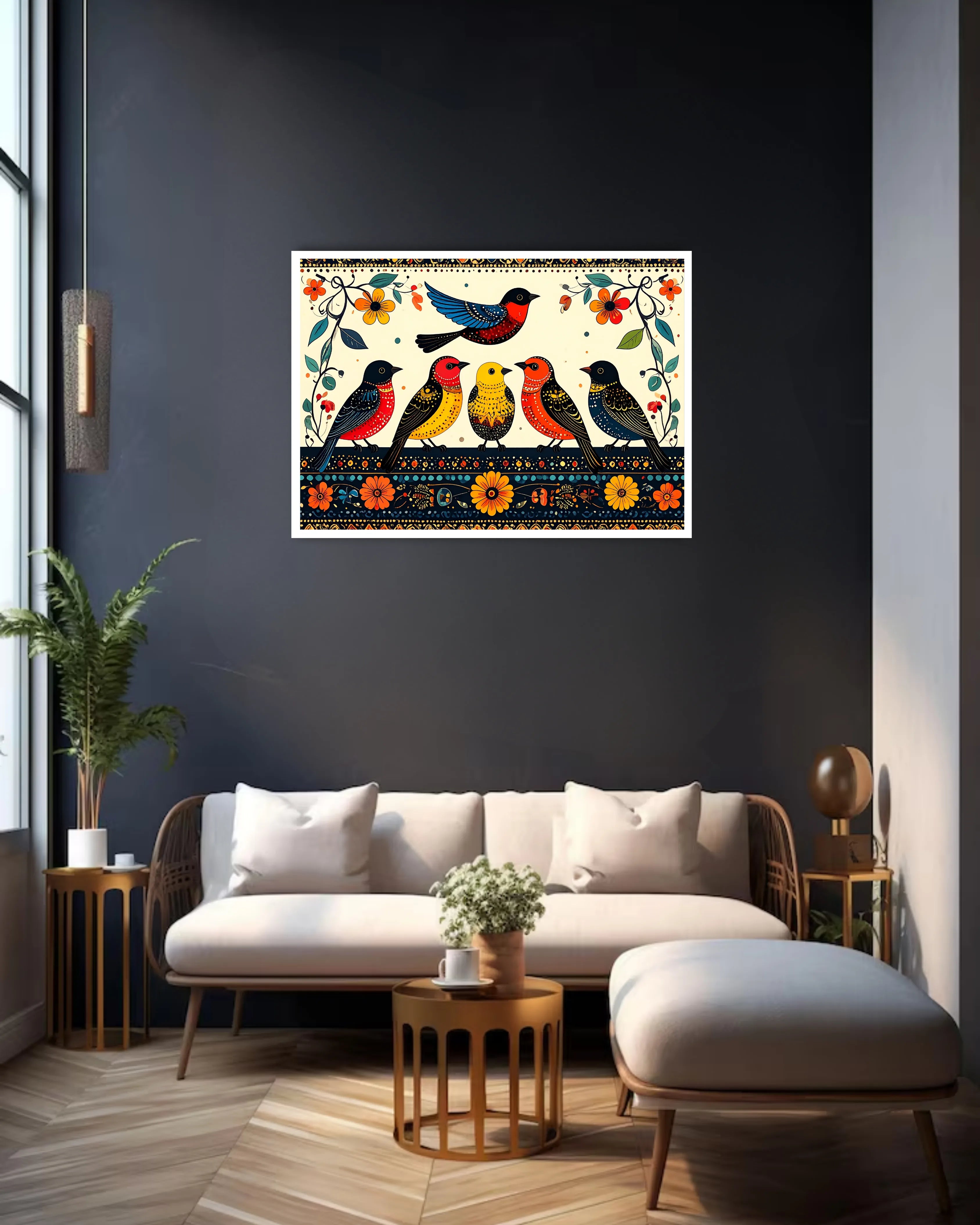 traditional indian bird painting in cozy living room interior