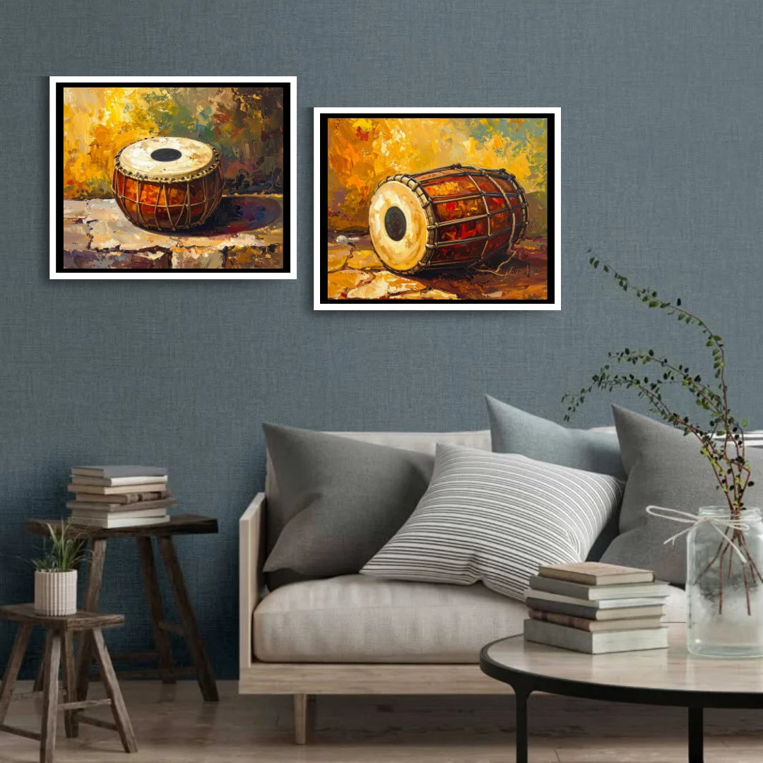 Indian music tabla wall art canvas set of 2 for modern living room decor