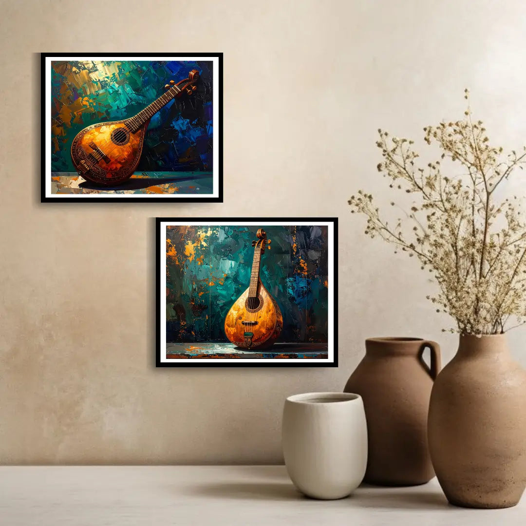 Indian music veena wall art canvas set of 2 for modern and cultural interiors