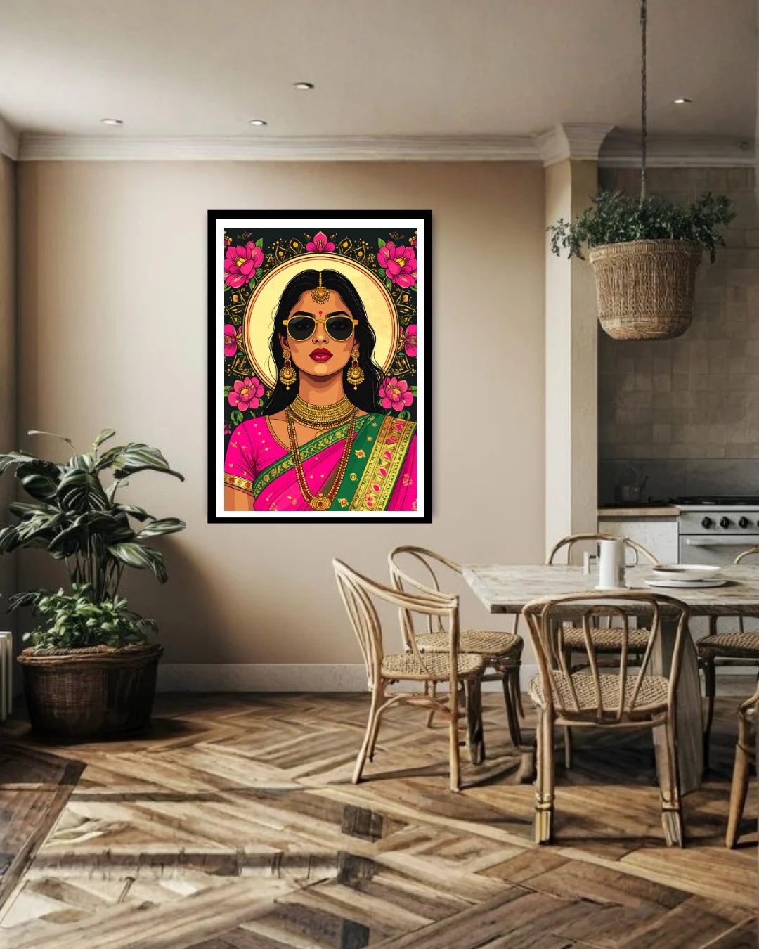 indian woman wall art canvas in modern dining room decor