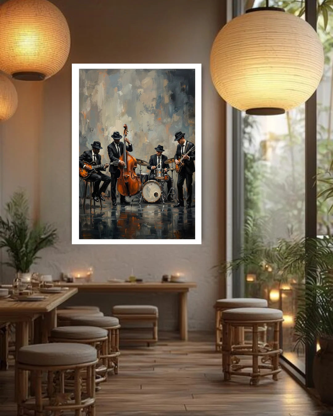 jazz band wall art canvas in modern cafe decor